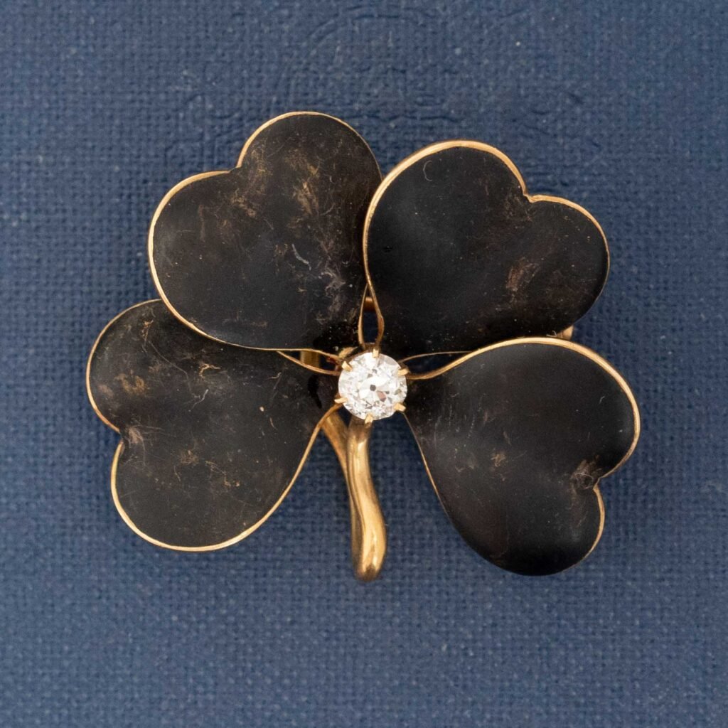 Antique Diamond & Black Enamel Clover Brooch/Pendant