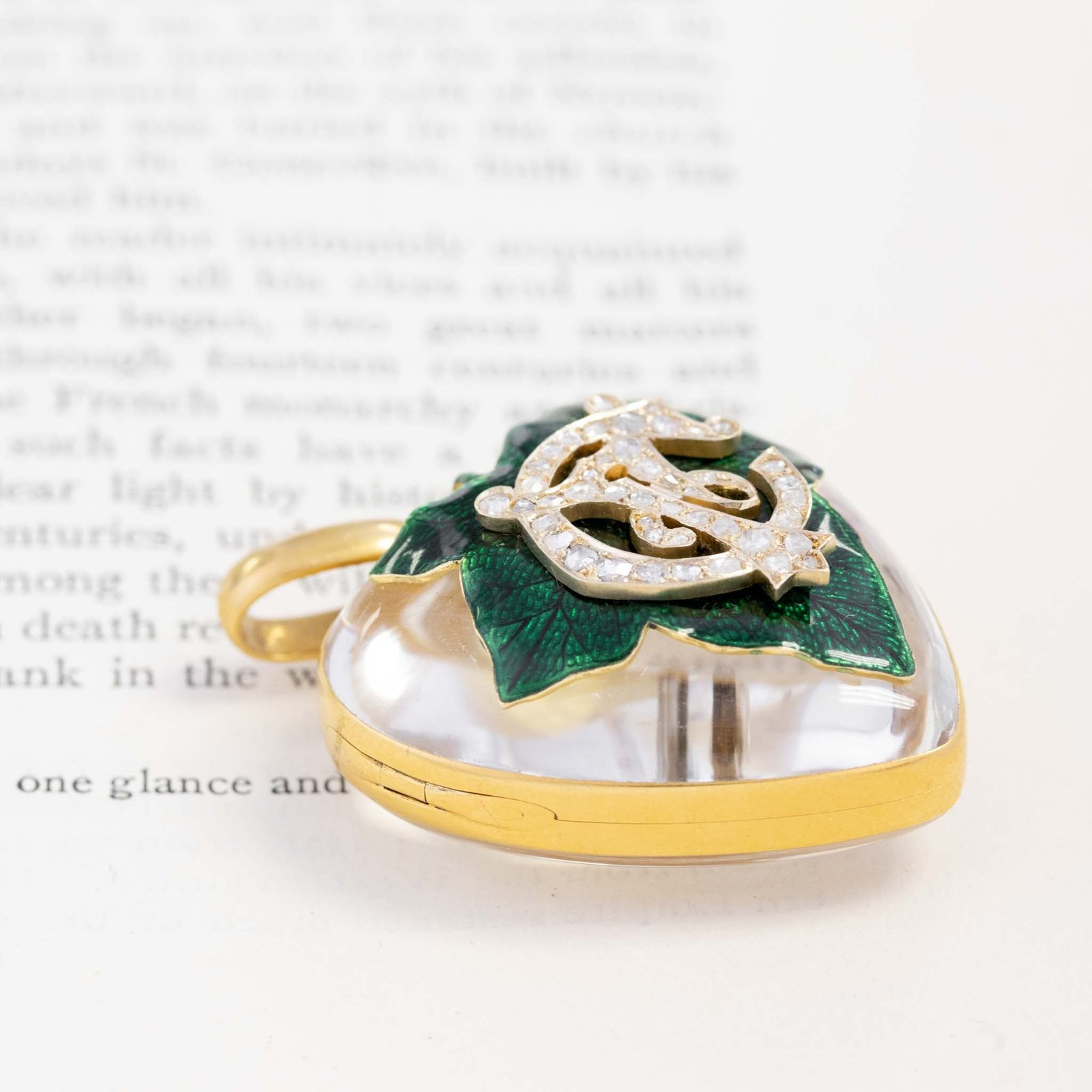 Antique Diamond, Rock Crystal & Enamel Leaf Heart Locket - Image 5