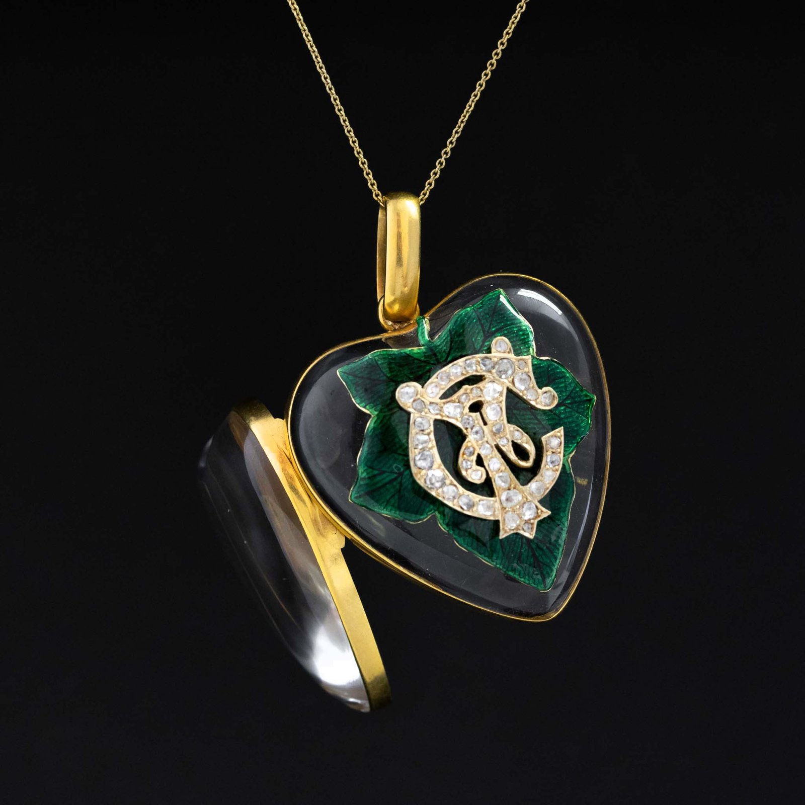 Antique Diamond, Rock Crystal & Enamel Leaf Heart Locket - Image 2