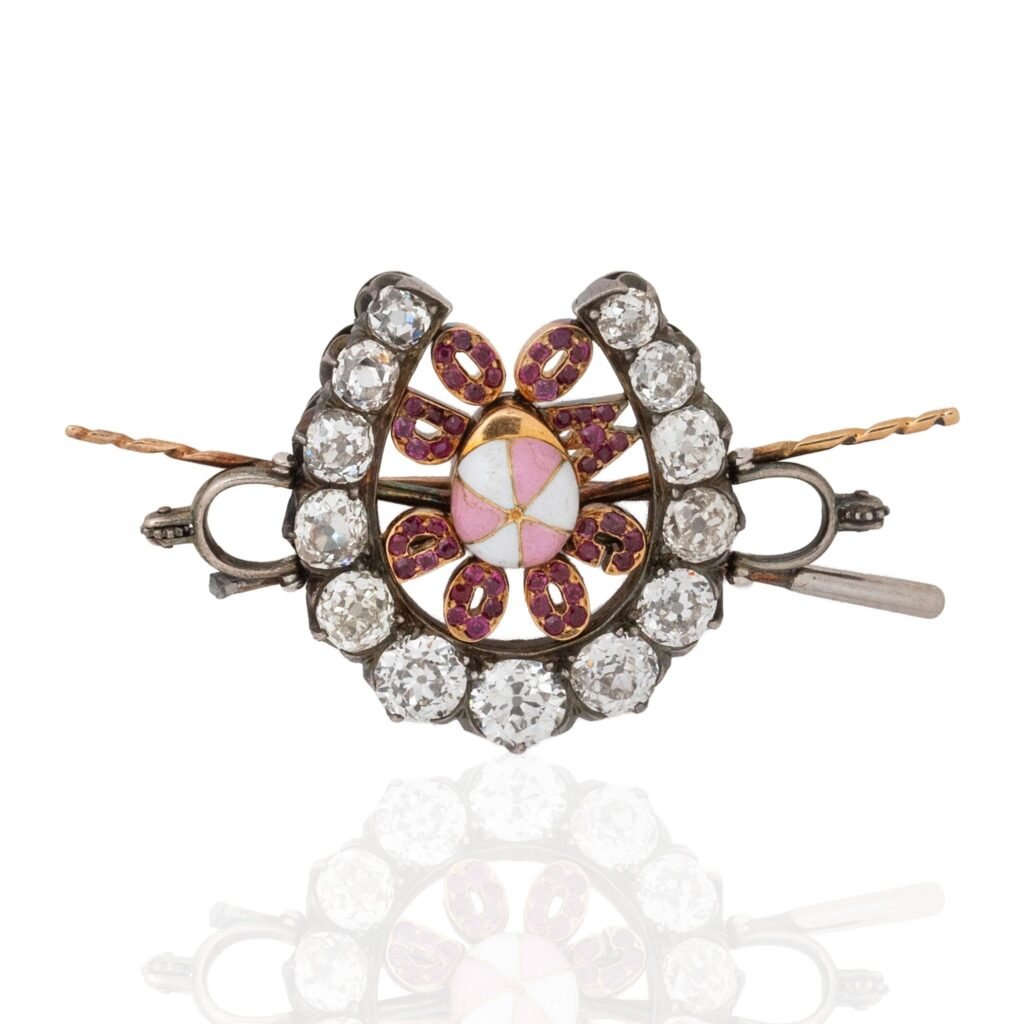 5.45ctw Antique “Good Mood” Old Cut Diamond, Ruby & Enamel Jockey Brooch