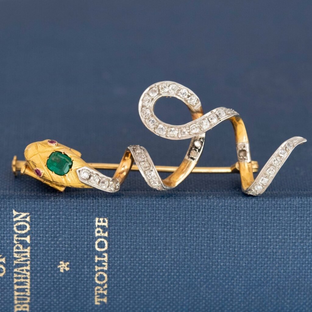 Antique Old Cut Diamond & Emerald Serpent Brooch/Slider