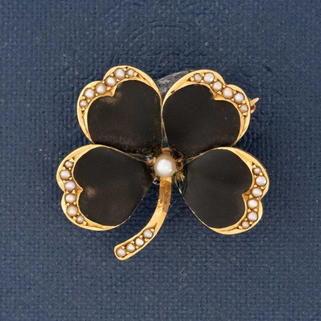 Antique Pearl & Black Enamel Clover Brooch