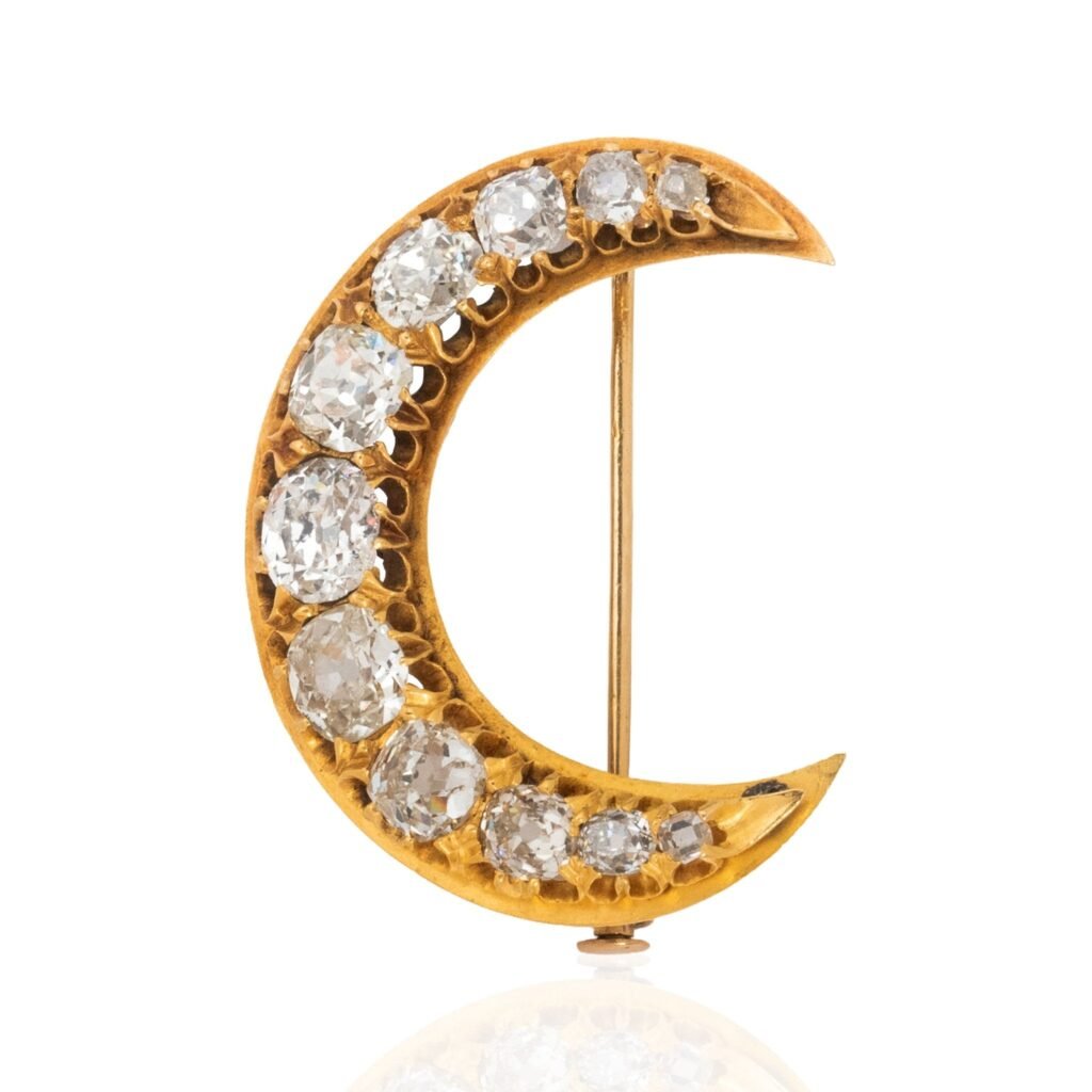 3.73ctw Antique Old Mine Cut Diamond Crescent Brooch