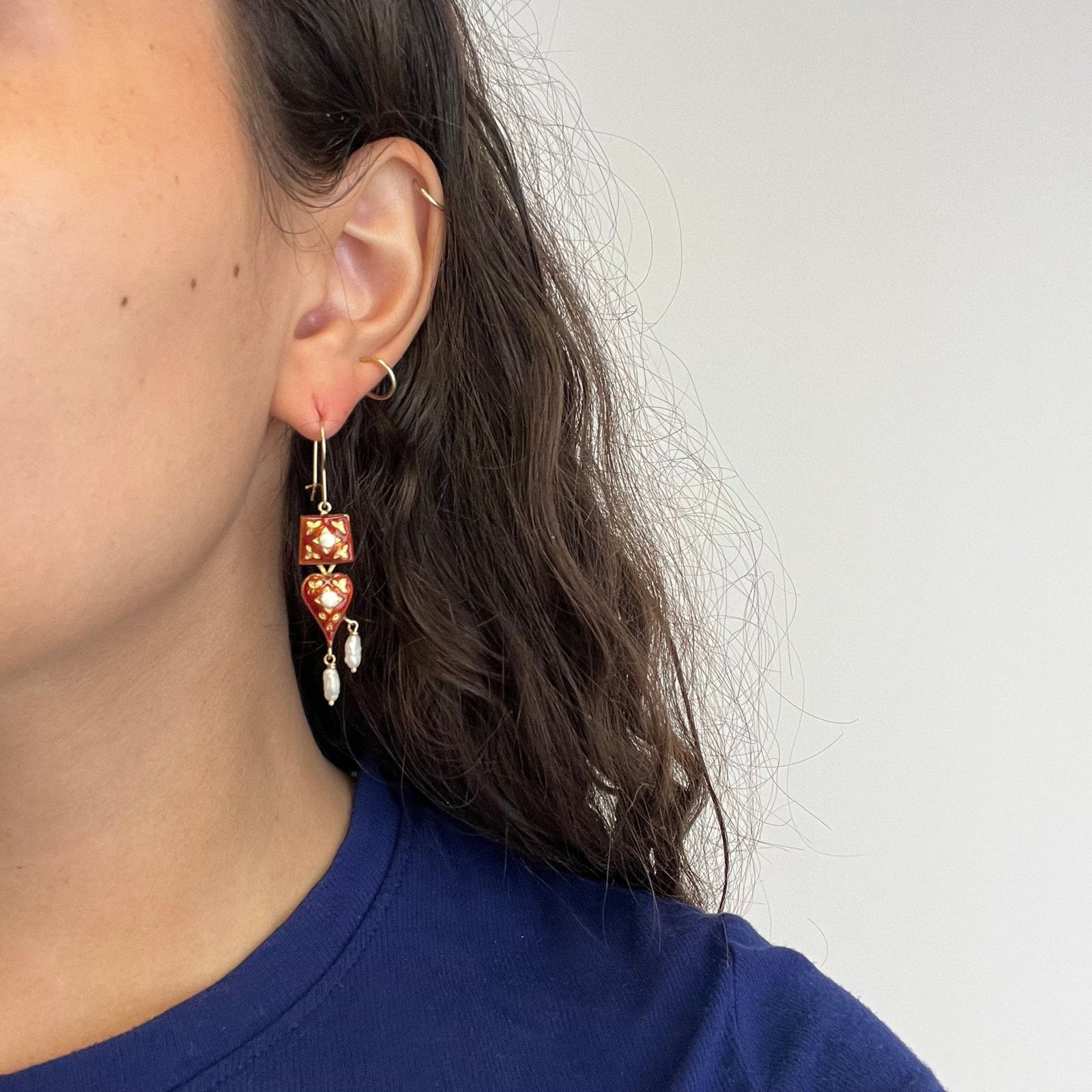 Enamel & Pearl Drop Earrings - Image 2