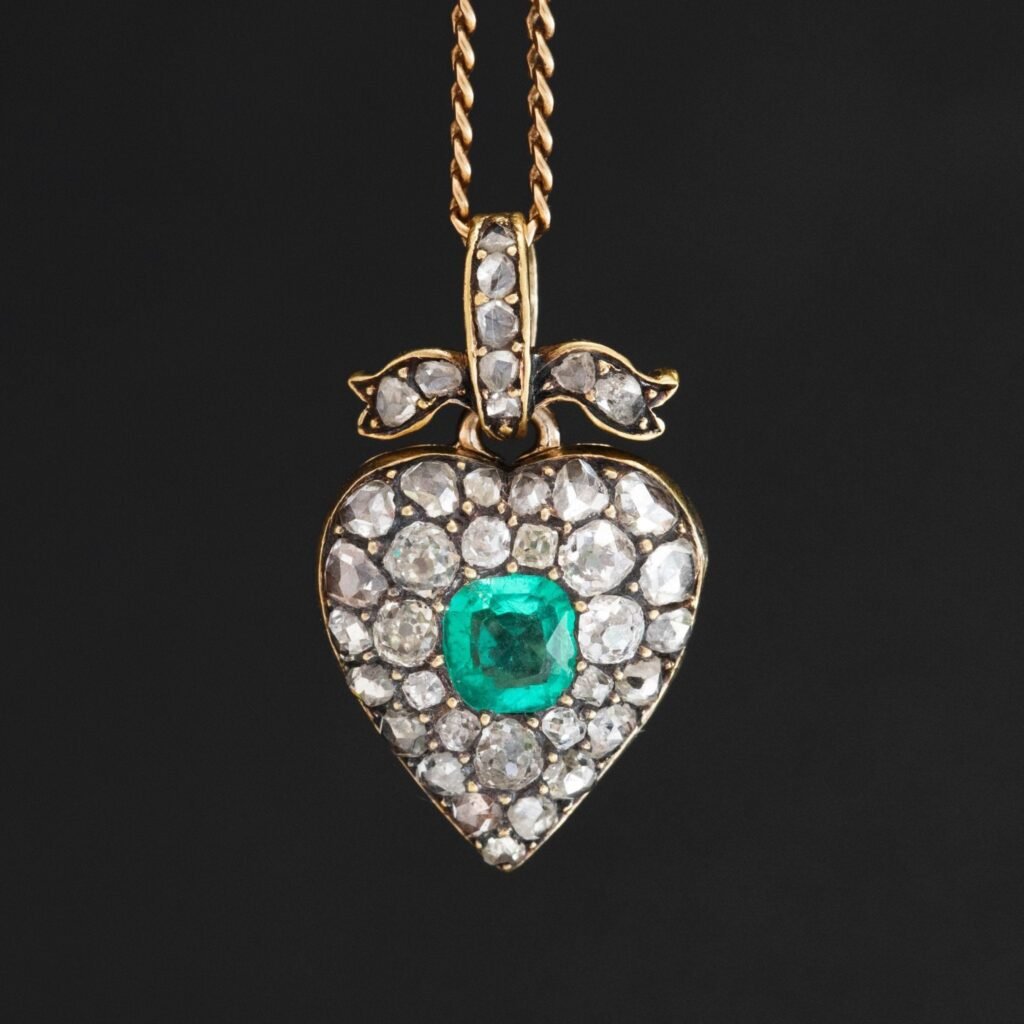 Victorian Diamond & Emerald Heart Locket Pendant