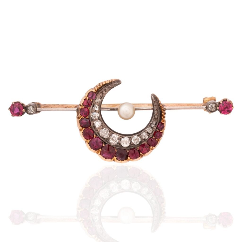 1.45ctw Victorian Diamond & Ruby Crescent Brooch
