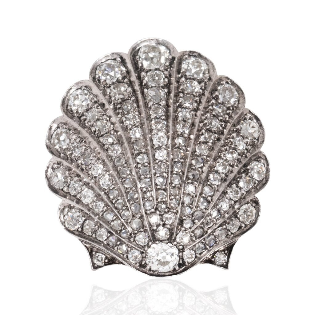 4.33ctw Victorian Old Cut Diamond Scallop Shell Brooch/Pendant