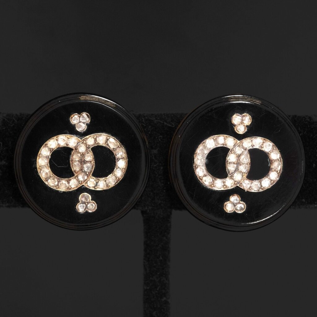 Victorian Rose Cut Diamond Onyx Clip-On Earrings