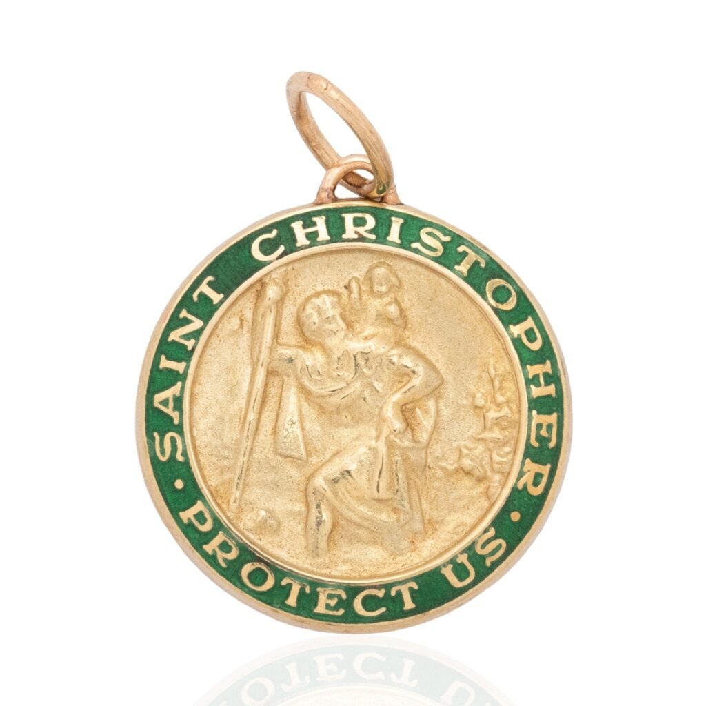 Vintage Saint Christopher Protect Us Enamel Pendant