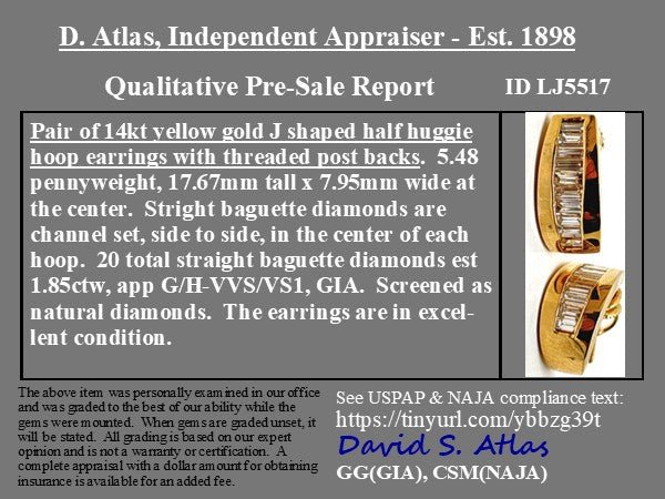 1.85ctw Vintage Baguette Cut Diamond Half Hoop Earrings - Image 5