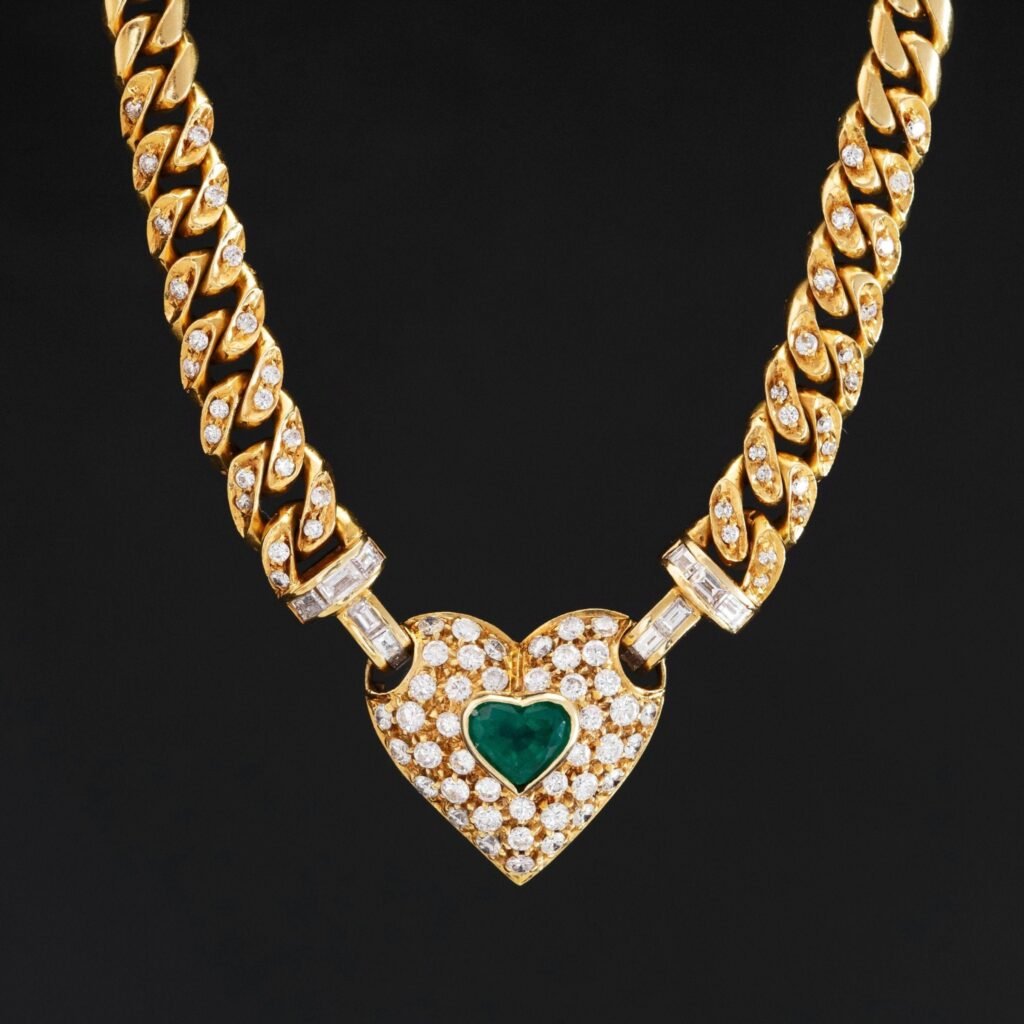 2.38ctw Vintage Diamond & Emerald Cluster Heart Necklace