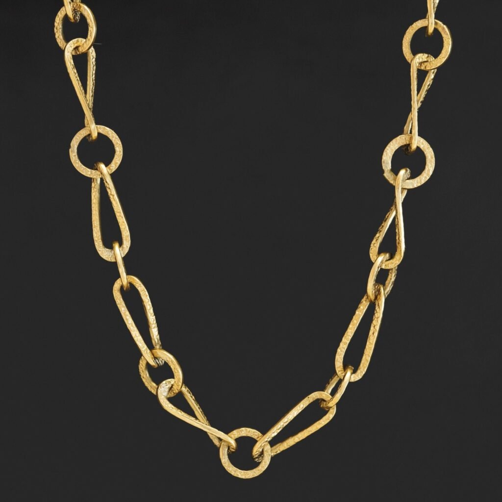 Vintage Elongated Hammered Link Chain Necklace, Italian