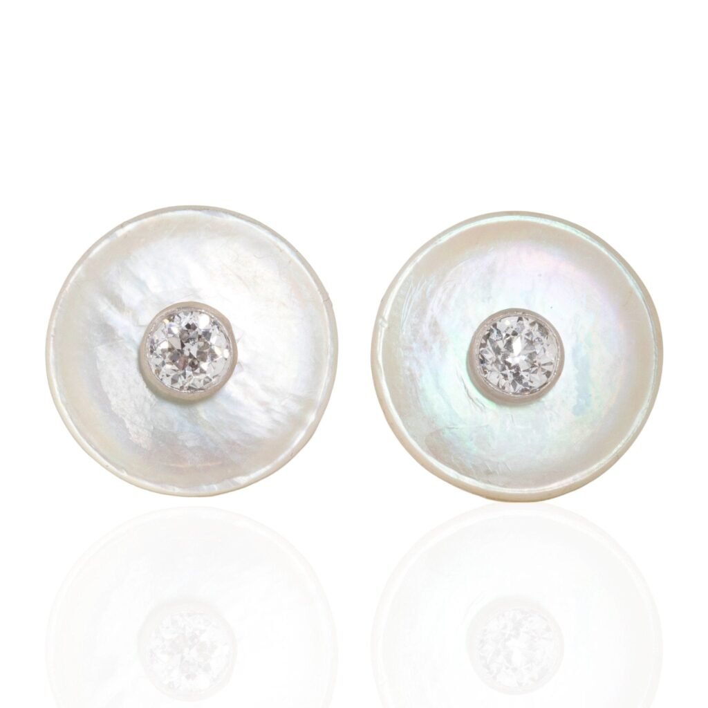 Vintage Old European Cut Diamond Mother of Pearl Stud Earrings