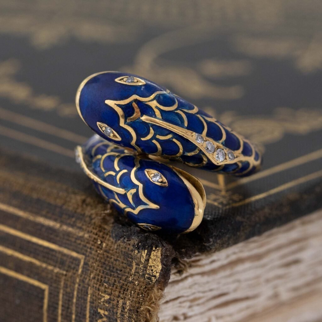 Vintage Pisces Blue Enamel & Diamond Bypass Ring, by Fred Paris
