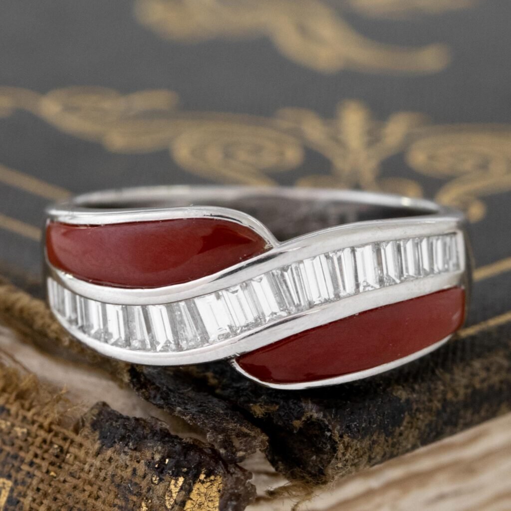 Vintage Red Enamel & Baguette Cut Diamond Twist Band